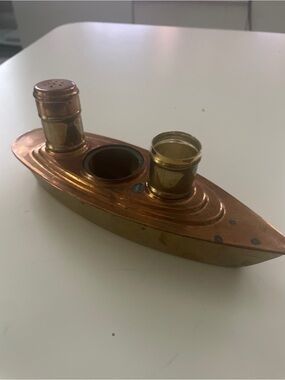 Rare Vintage Copper Battle Ship Salt Pepper Shaker - As Is